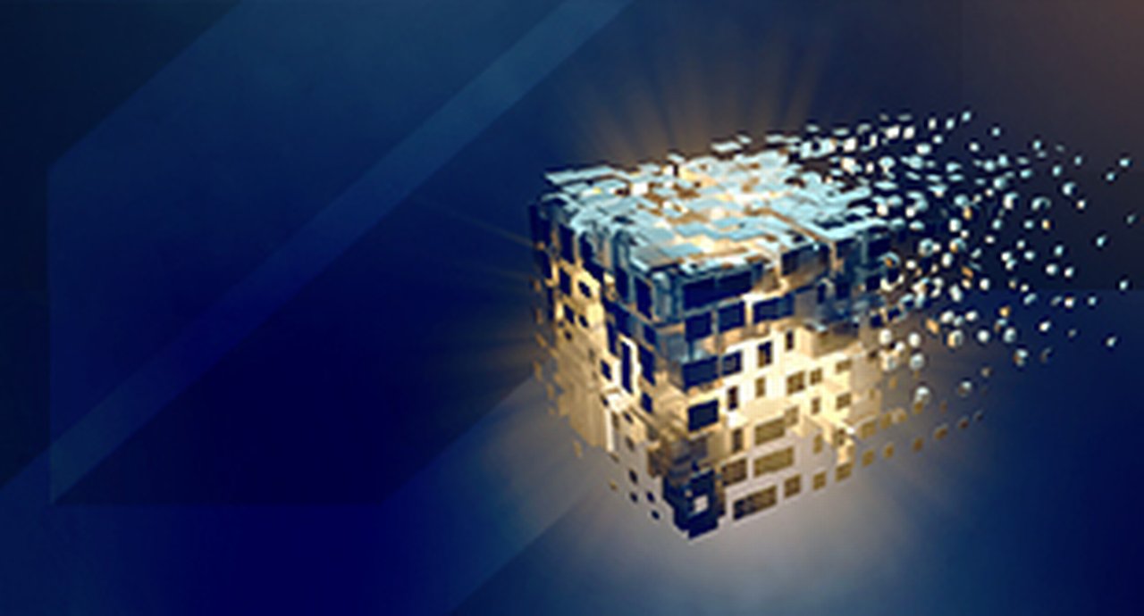 abstract illuminated cube disintegrating into smaller particles