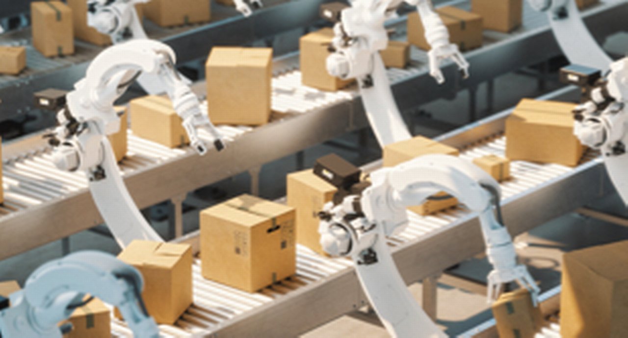 Automated factory with robotic arms carrying boxes