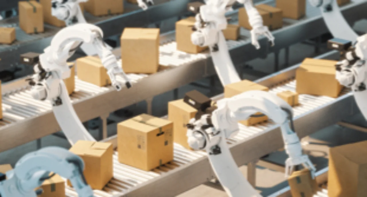 Automated factory with robotic arms carrying boxes