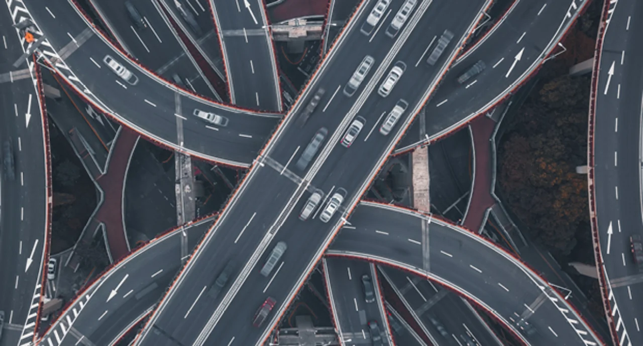 Birds-eye view of freeway overpasses