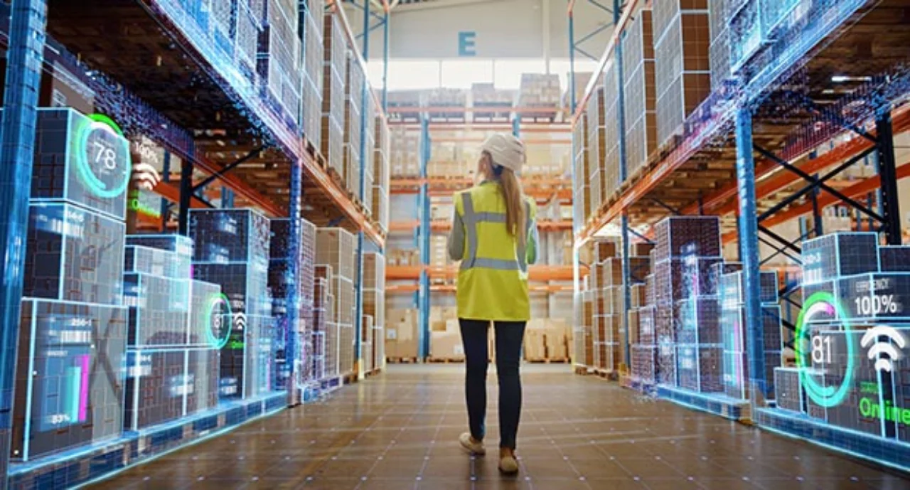 Futuristic technology retail warehouse: worker makes inventory walks as digitization process analyzes goods, cartons, products with delivery infographics in logistics