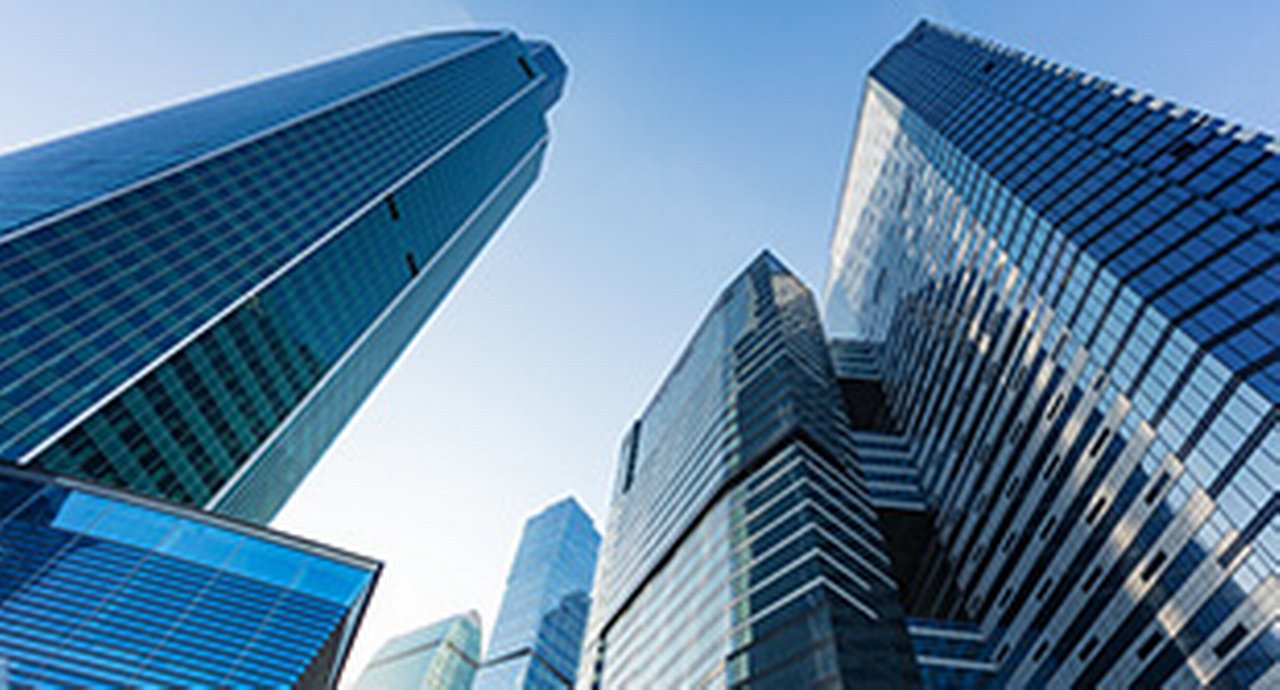 Financial district under a clear blue sky