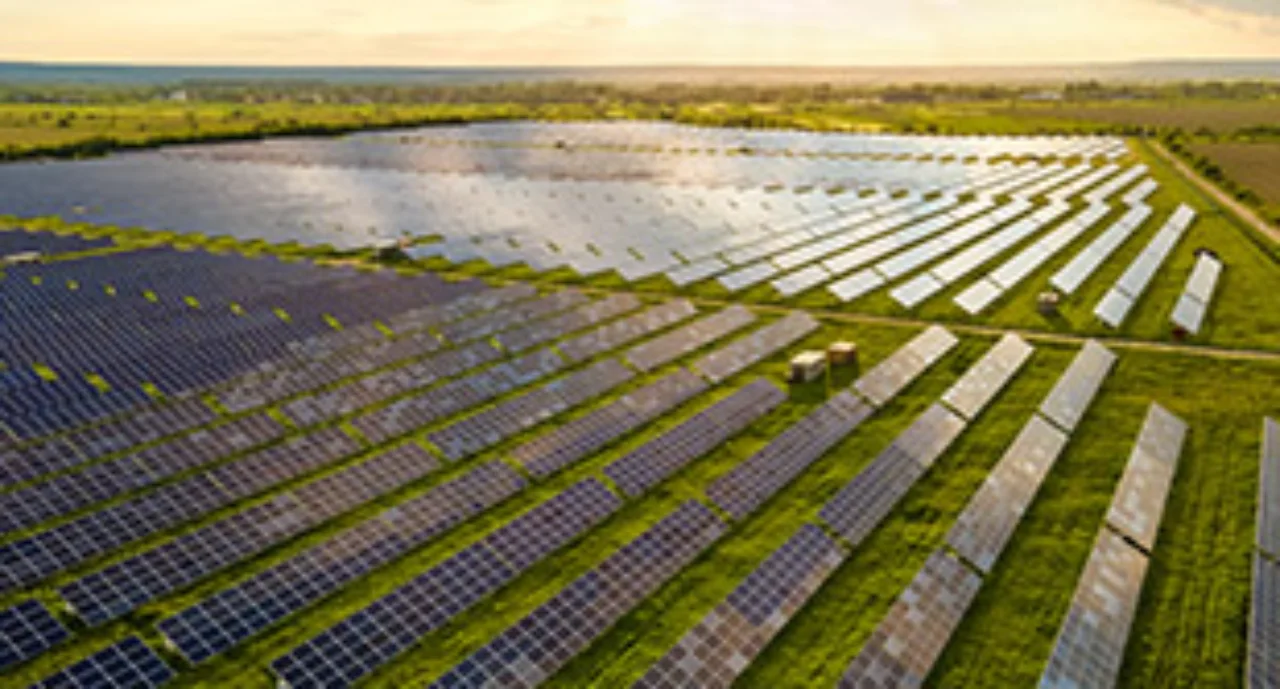 Aerial view of large sustainable electrical power plant with many rows of solar photovoltaic panels for clean ecological electric energy at sunrise