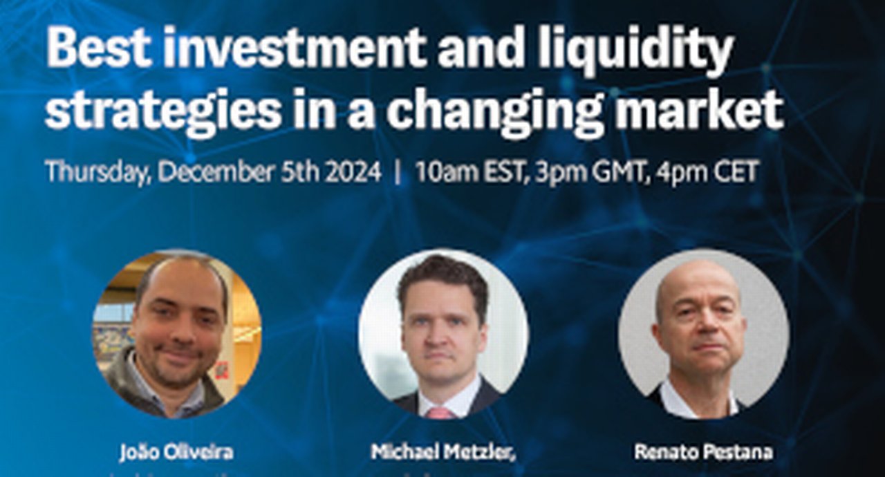 Webinar image with Title: Economist Impact Webinar: Best investment and liquidity strategies in a changing market and the three speakers