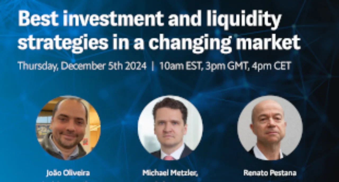 Webinar image with Title: Economist Impact Webinar: Best investment and liquidity strategies in a changing market and the three speakers