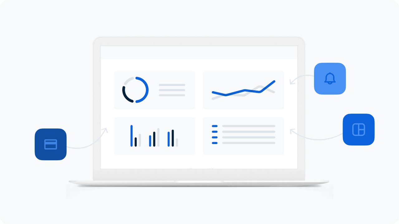 A laptop displaying a dashboard with some funtionalities highlighted with additional icons