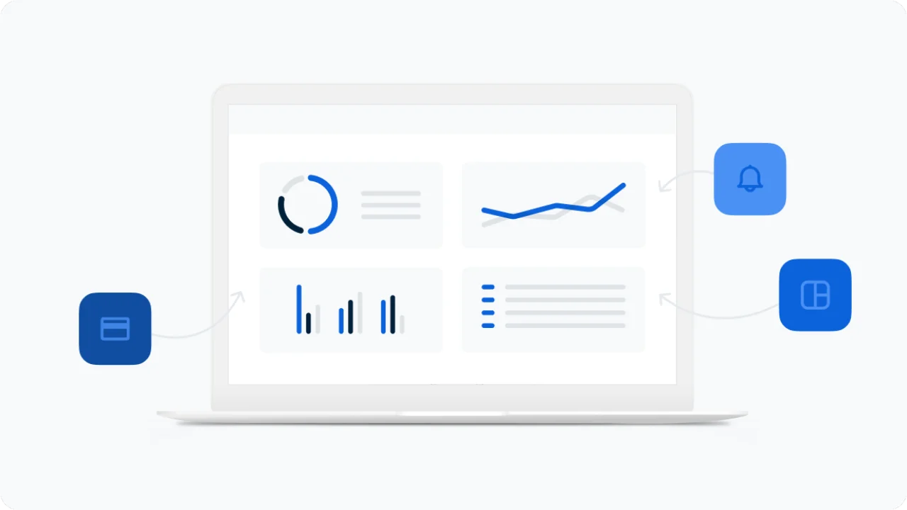 A laptop displaying a dashboard with some funtionalities highlighted with additional icons