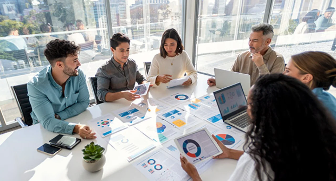 Group of people working with paperwork at a boardroom table during a business presentation or seminar. The documents contain financial or marketing figures, graphs and charts.