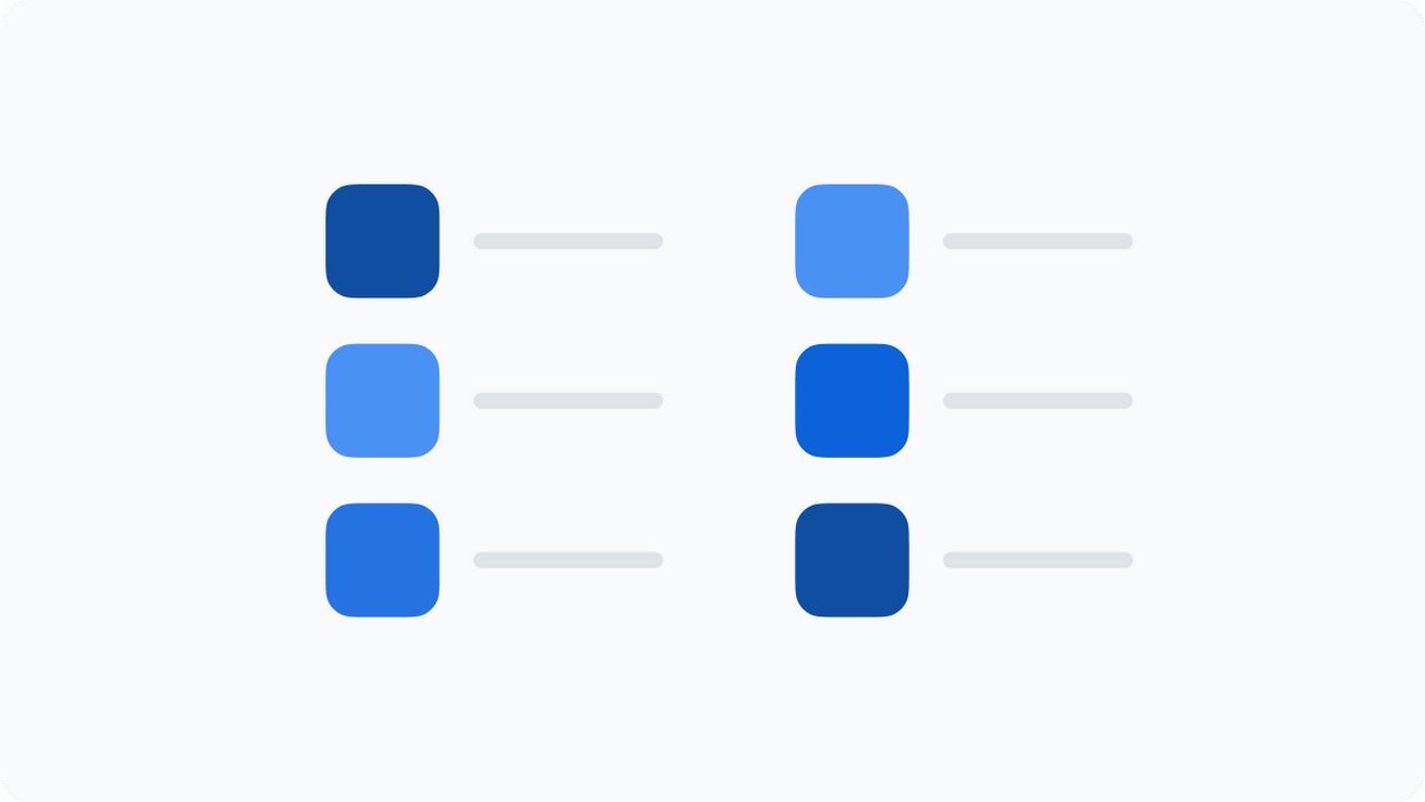 A list of colourful rectangles in blue with grey lines beneath them
