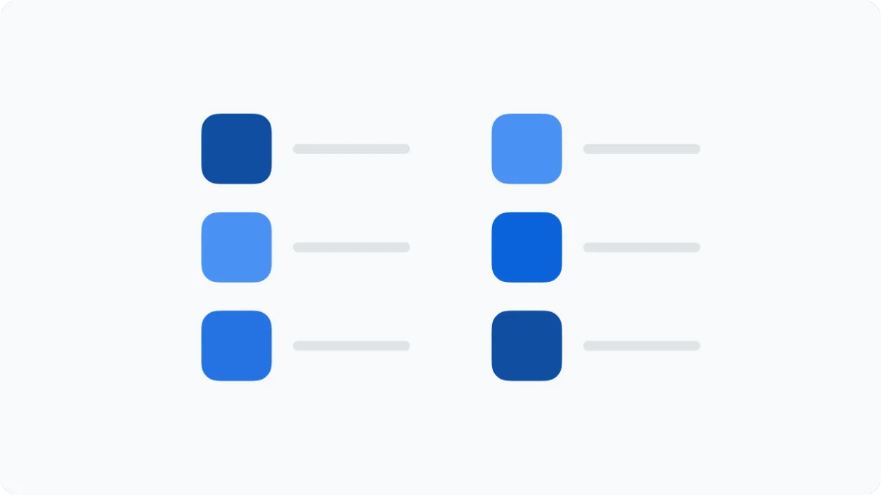 A list of colourful rectangles in blue with grey lines beneath them